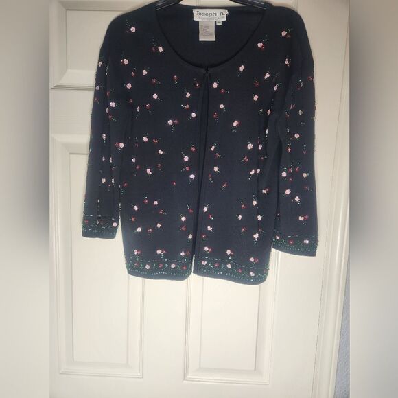 Joseph A Black Beaded Embroidered Open Front 3/4 Sleeve Stretch Knit Cardigan XL - Picture 1 of 8